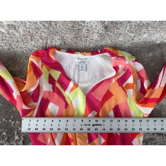 Nicole Miller Size M Abstract Tie Front V Neck Fit Flared Mini Dress Colorful - Picture 4 of 10